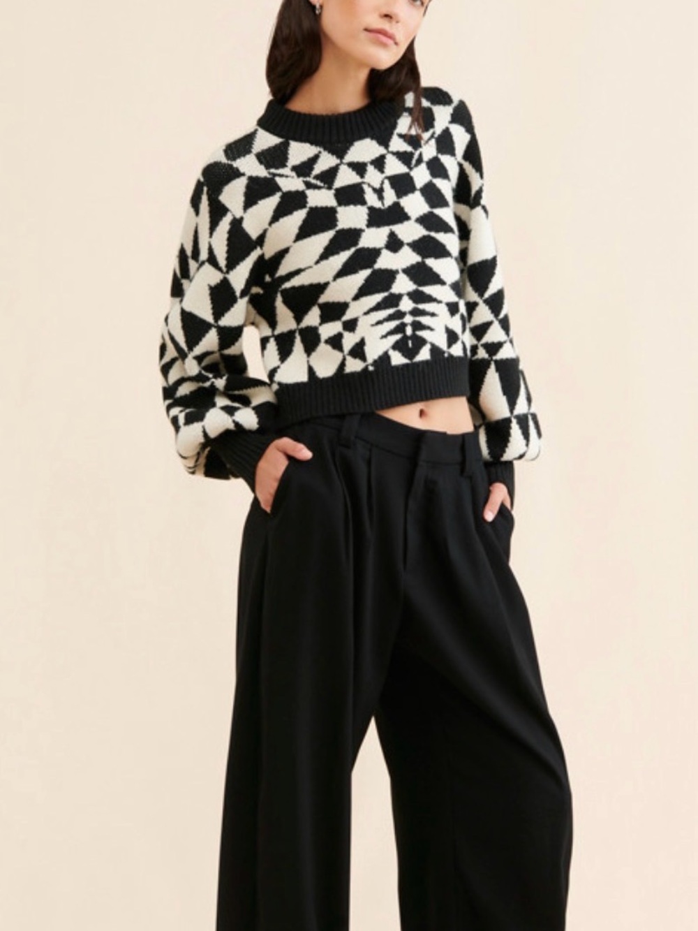 FARM Rio Black & White Geometric Knit Sweater